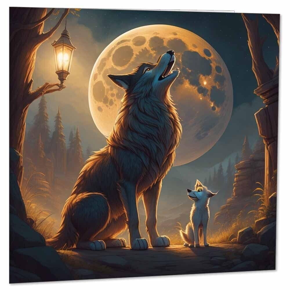 Wolf Howling Moon Greeting Card Wolf & Cub 145 x 145mm