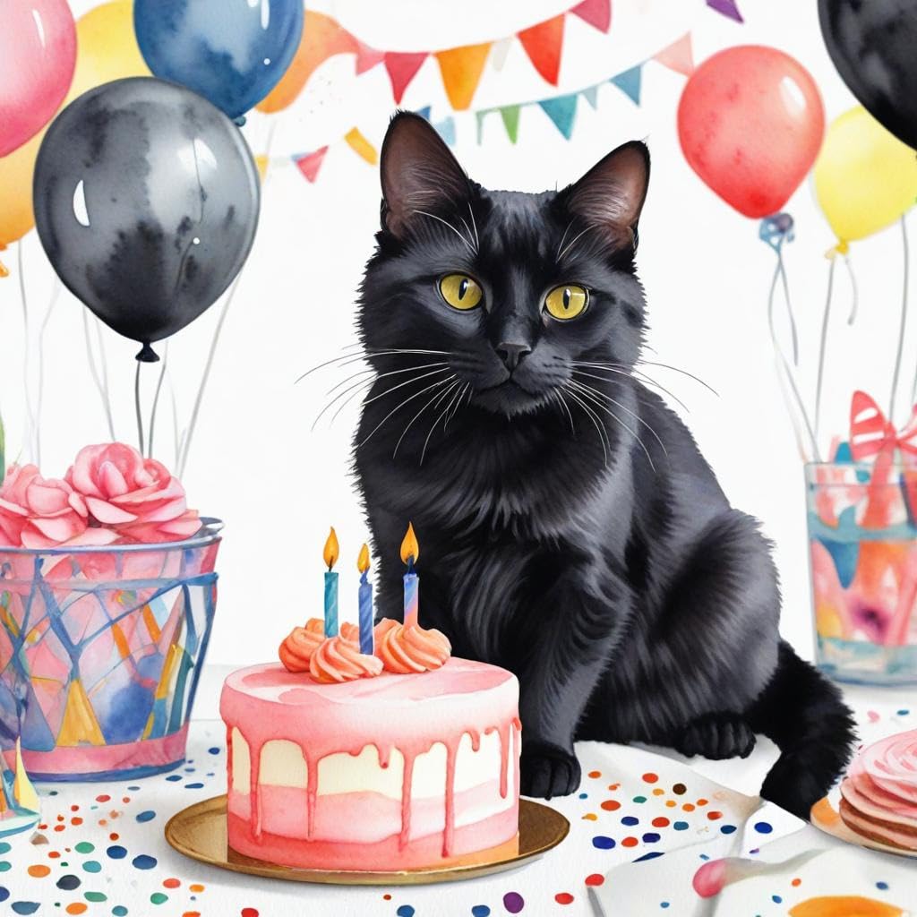 Black Cat Birthday Card - Cat Birthday party - 145 x 145mm