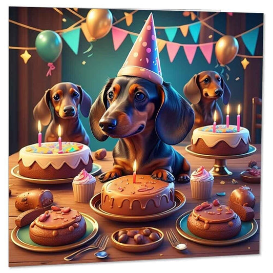Dachshund Birthday Party Card - Cute Sausage Dog Dachshund card 145mm x 145mm
