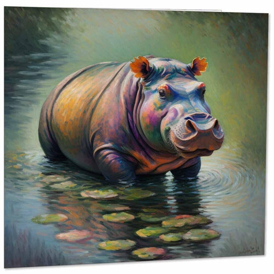 Hippopotamus Hippo Greeting Card Animal Impressionism Art 145mm x 145mm