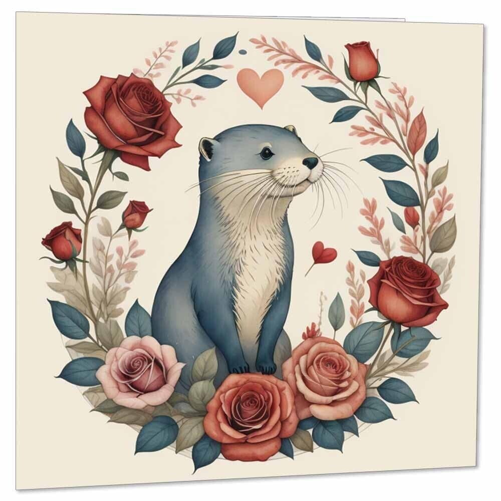 Otter Anniversary Card - Cute Otter Roses Valentines Day Card 145mm x 145mm