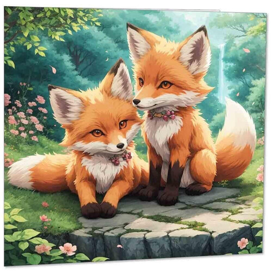 Cute Foxes Greeting Card - Adorable Fox Cubs Kits Birthday Card 145mm x 145mm