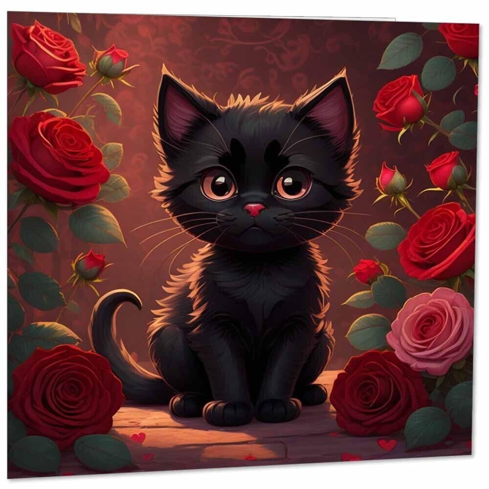 Cute Black Cat Roses Greeting Card 145mm x 145mm