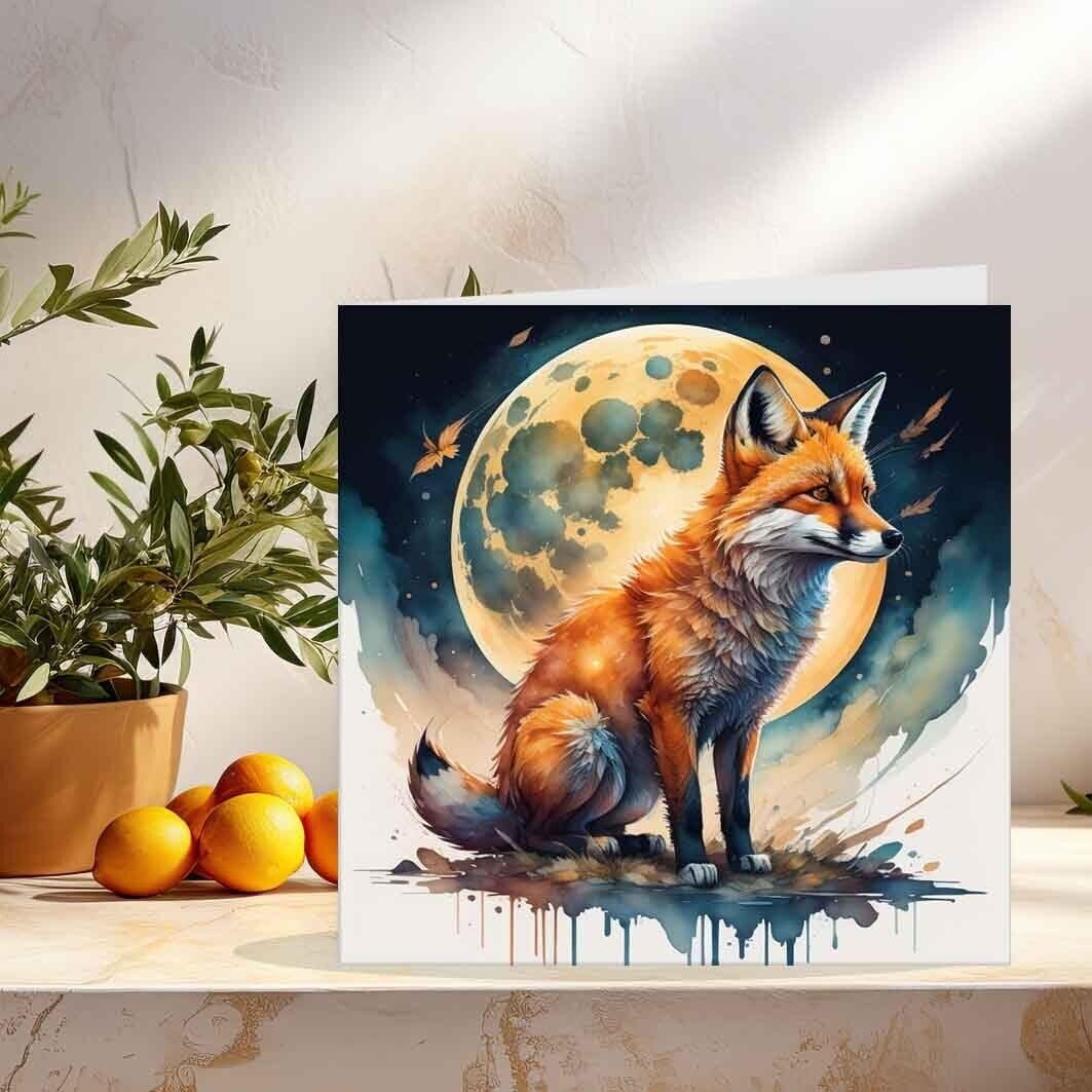 Moon Fox Greeting Card Watercolour Fox Card Birthday 145 x 145mm