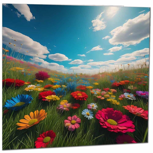 Colourful Flowers Sky Grass Blank Greeting Birthday Card Art - Any Occasion