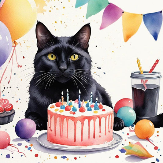Black Cat Birthday Card - kitty Birthday party - 145 x 145mm