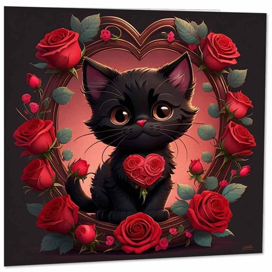 Valentines Day Card - Black Cat Heart Roses Cute Kitty kitten 145mm x 145mm