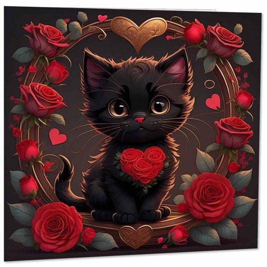 Valentines Day Card - Black Cat Roses Cute Kitty kitten 145mm x 145mm