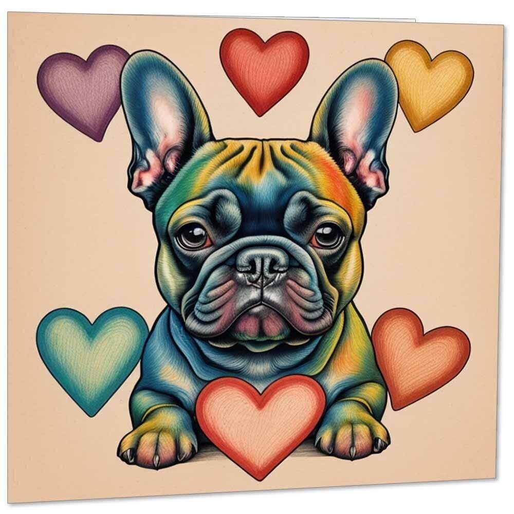Cute French Bulldog Greeting Card Love Hearts French Bulldog 145mm x 145mm