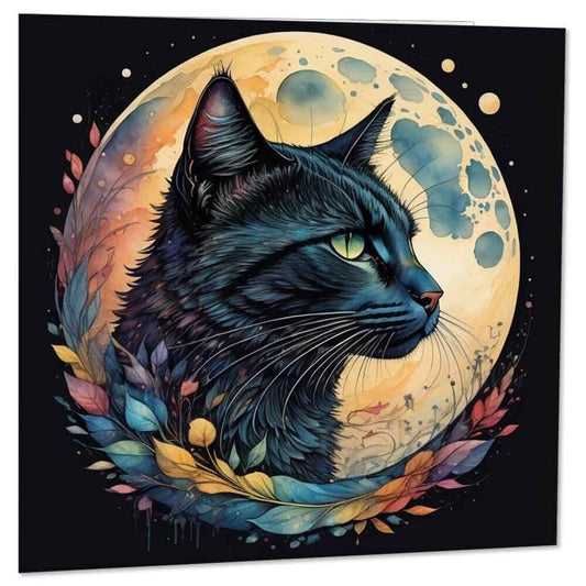 Watercolour Black Cat Moon Greeting Card Beautiful Cat Illustration 145 x 145mm