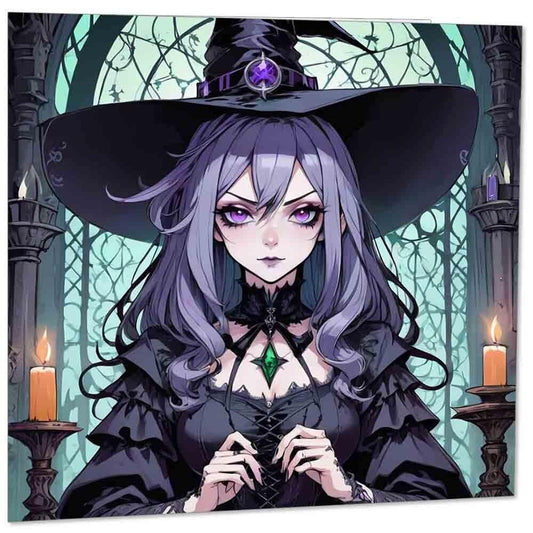 Anime Witch Birthday Card - Gothic Witch Greeting Card 145mm x 145mm