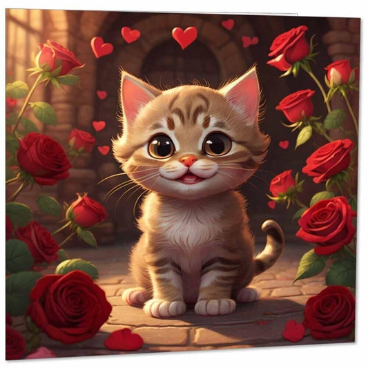 Cat Valentines Day Card Cute Cat kitty Love Heart Roses Card 145mm x 145mm