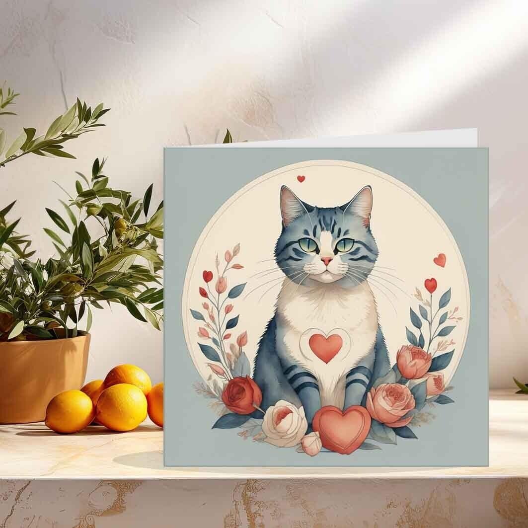 Kitty Cat Anniversary Cards Love heart valentines day Card 145mm x 145mm