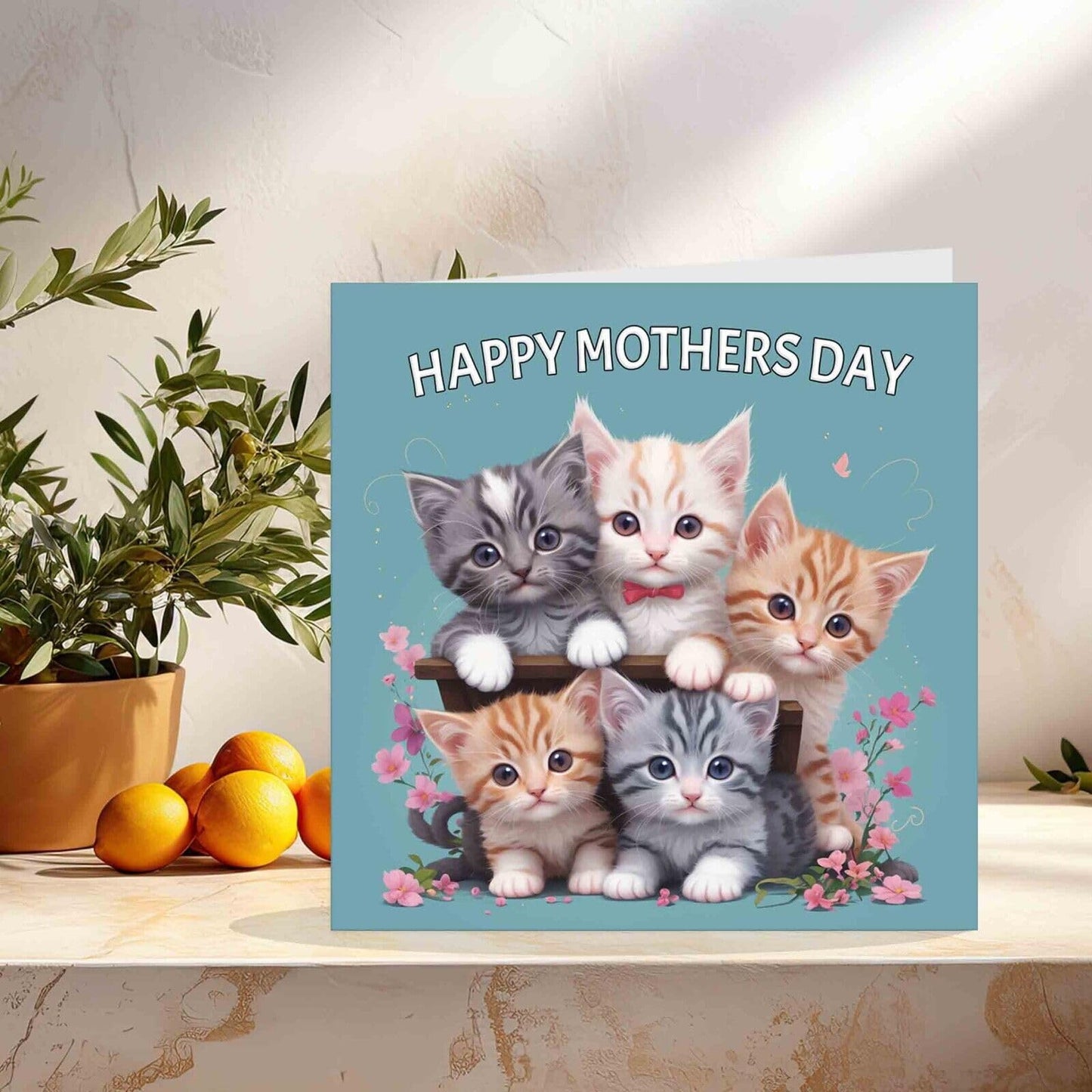 Mothers Day Card - Cute Cat Kittens Adorable Mum Mom 145mm x 145mm