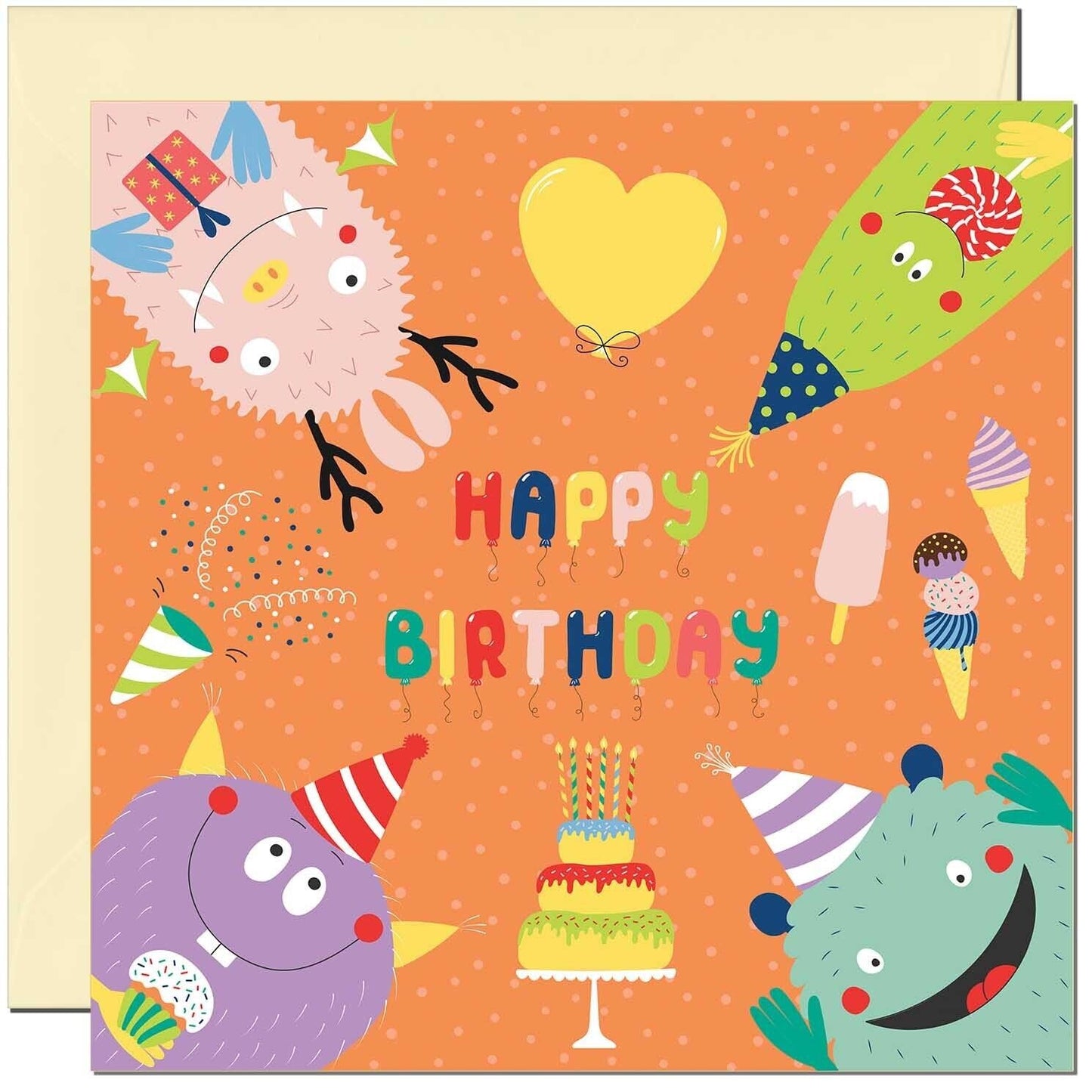 Kids Birthday Card - Cute Children's Happy Birthday Card Monsters 145 x 145mm