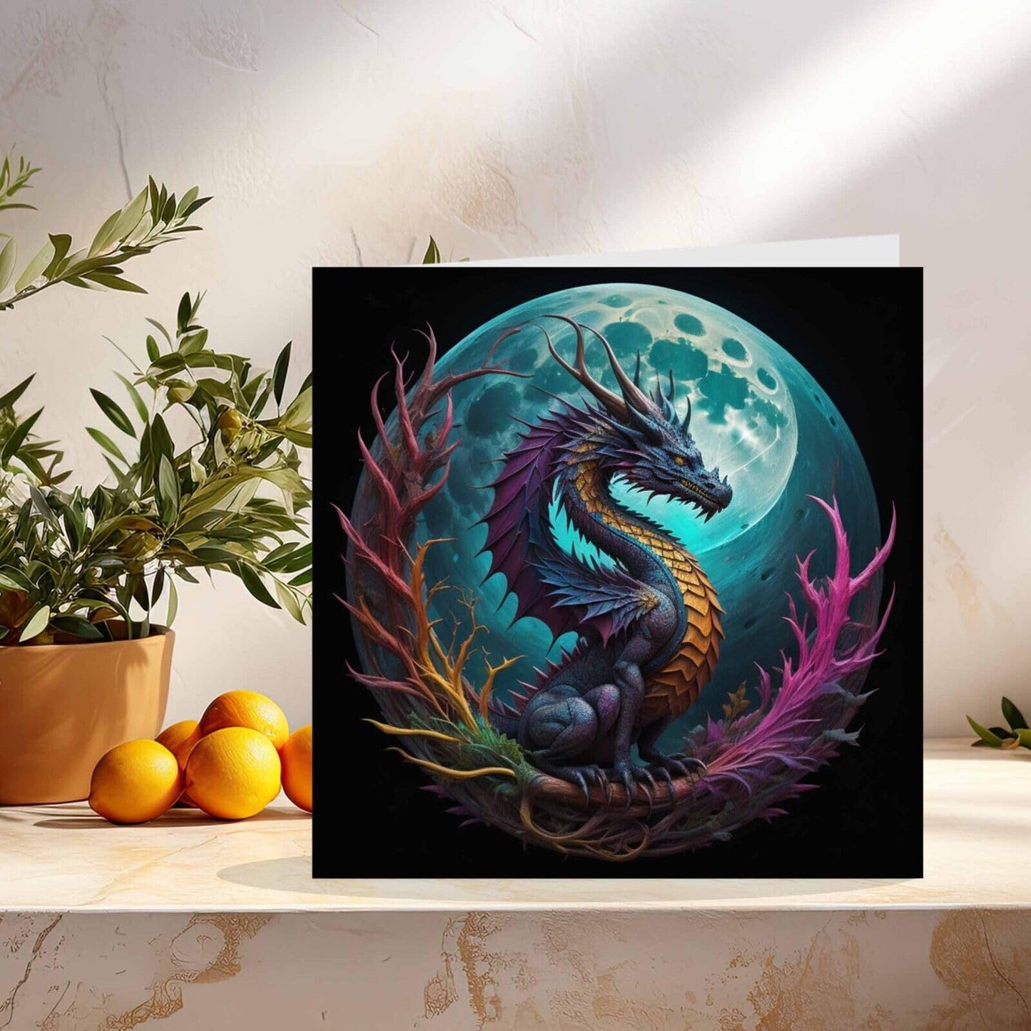 Dragon Greeting Card - Fantasy Dragon Moon Card 145mm x 145mm