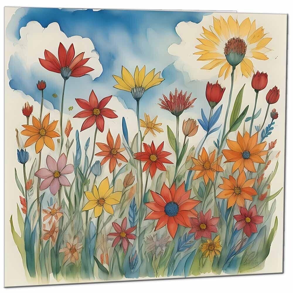 Sky Grass Flowers Nature Beautiful Blank Greeting Birthday Card Art floral