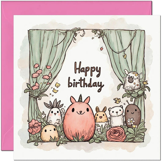 Cute Birthday Card for women girls ladies illustration - Pink Envelope