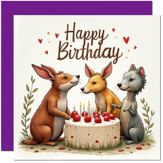 Cute Birthday Card - Woodland Animal Cake Design Birthday Card for girls boys