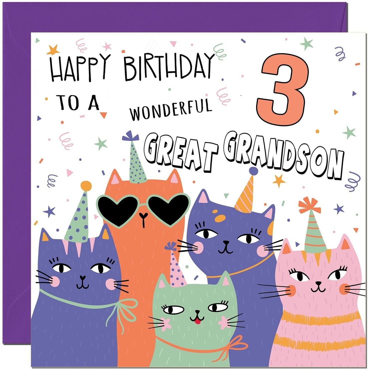 Great Grandson Birthday Card - Childrens Cute Cat Great-Grandson