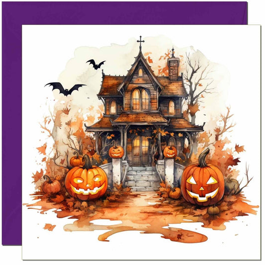 Haunted House Halloween Card - Pumpkin Bats Halloween Card 145 x 145mm