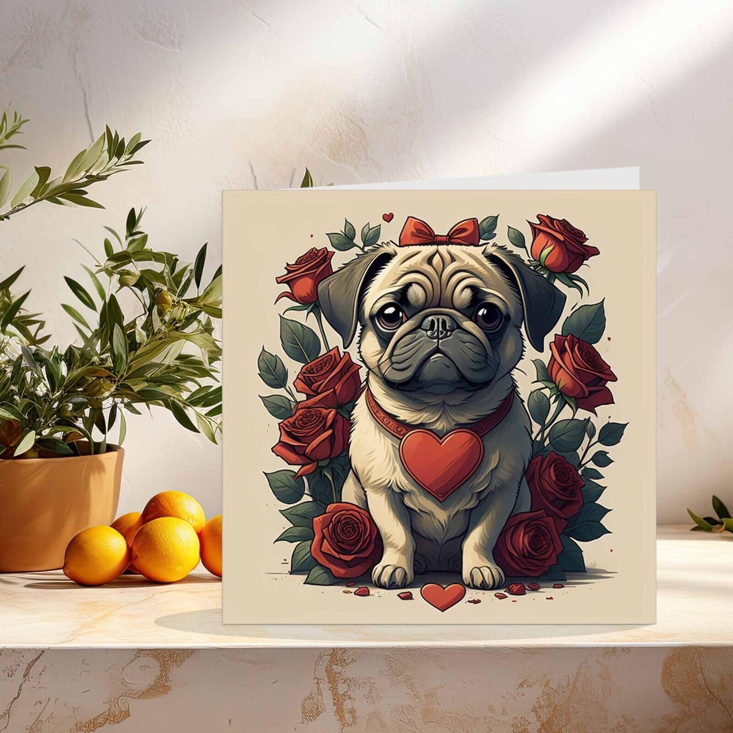 Pug Love Heart Valentines Card Pug Dog Card Girlfriend Boyfriend 145mm x 145mm