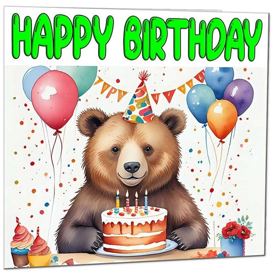 Bear Birthday Card - Cute Brown Bear Birthday Card Animal 145 x 145mm