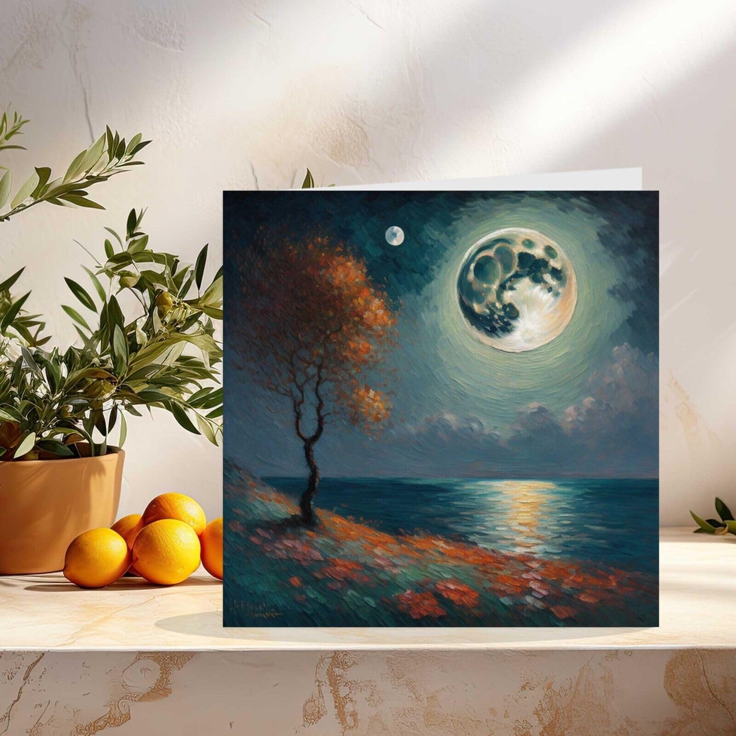 Moon Landscape Greeting Card - Illustration Painting Impressionist 145mm x 145mm