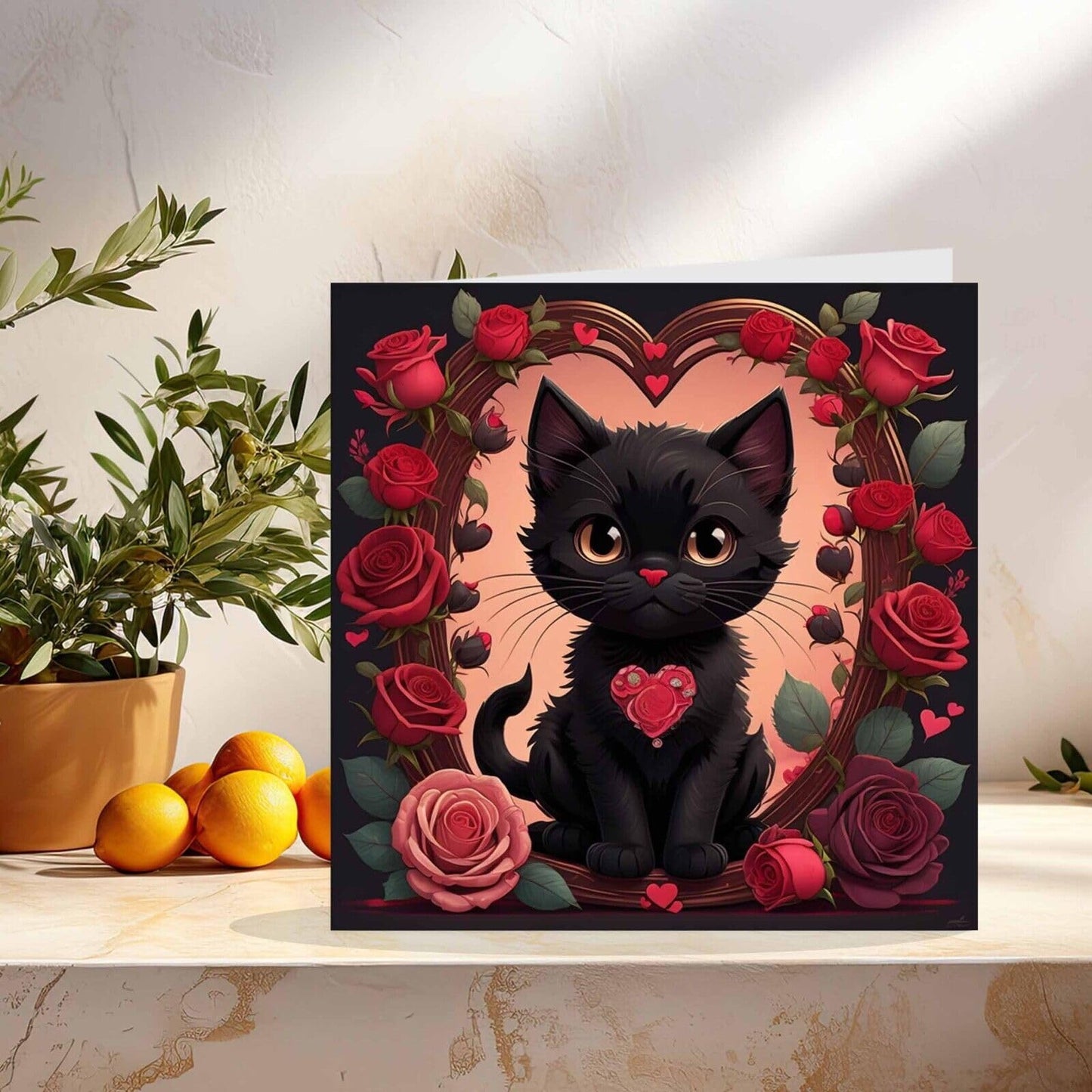 Cute Black Cat Roses Greeting Card Love Heart Cat Card 145mm x 145mm