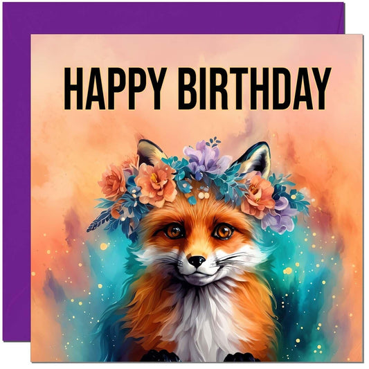 Beautiful Fox Birthday Card - Fantasy Floral Fox Birthday Card 145 x 145mm