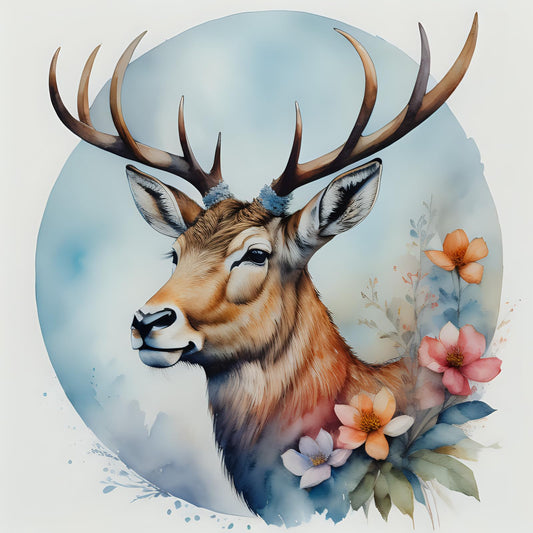 Stag Greeting Card Watercolor Sky Flowers Art- Any Occasion 145 x 145mm