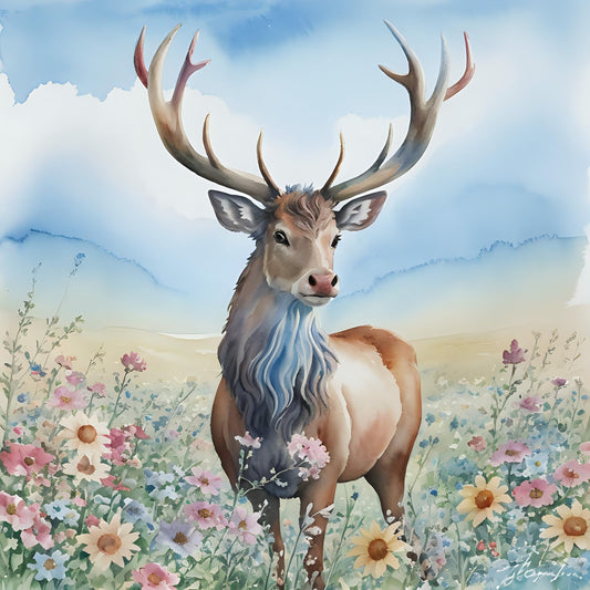 Stag Greeting Card Watercolor Sky Flowers Beautiful - Any Occasion 145 x 145mm