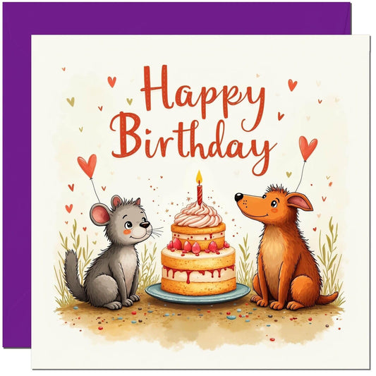 Cute Happy Birthday Card - Animal Cake Design - With Purple Envelope 145 x 145mm