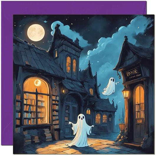 Halloween Card - Haunted Library Bookstore Spooky House Ghosts 145 x 145mm