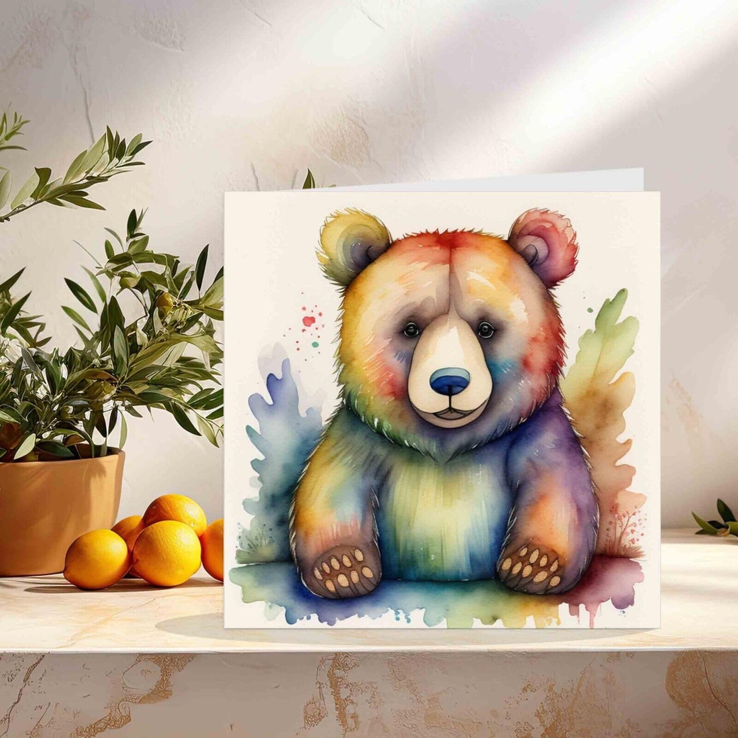 Teddy Bear Greeting Card - Watercolour Brown Bear Card 145mm x 145mm