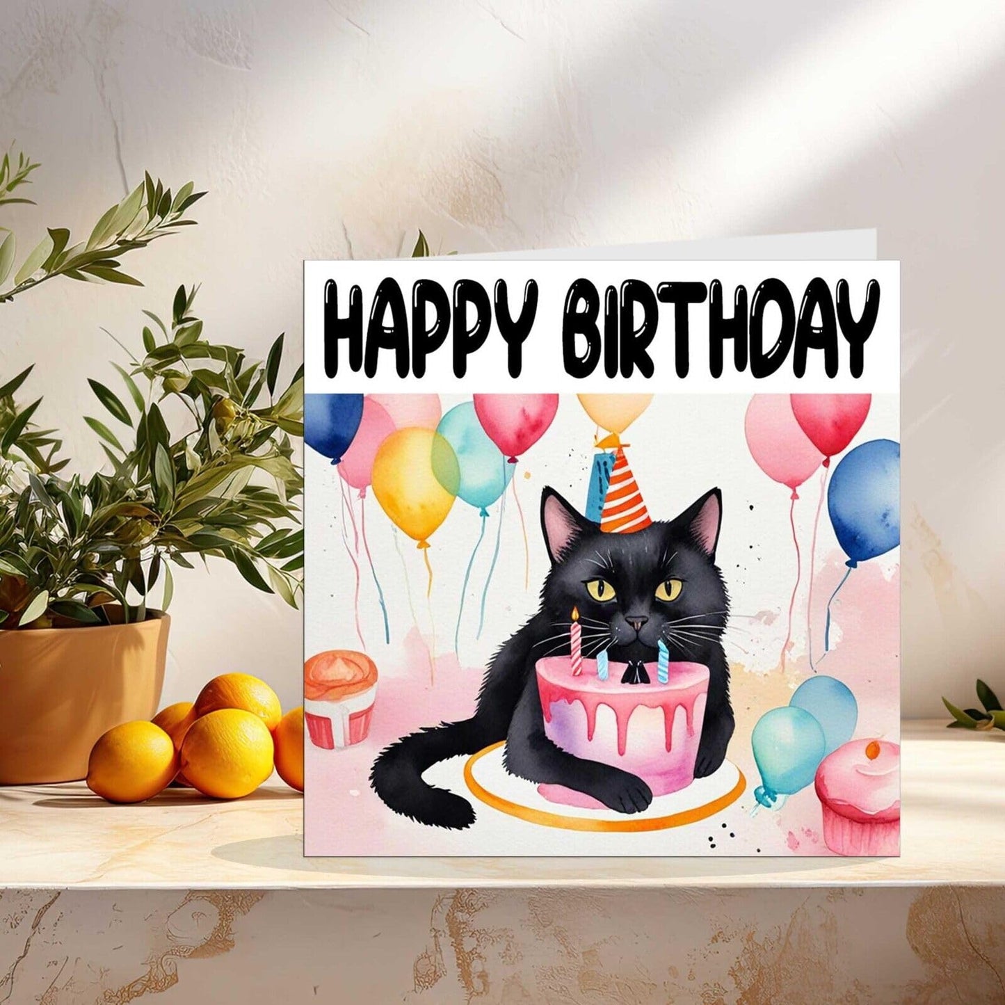 Black Cat Birthday Card - Fun Cat Bday Card - 145 x 145mm