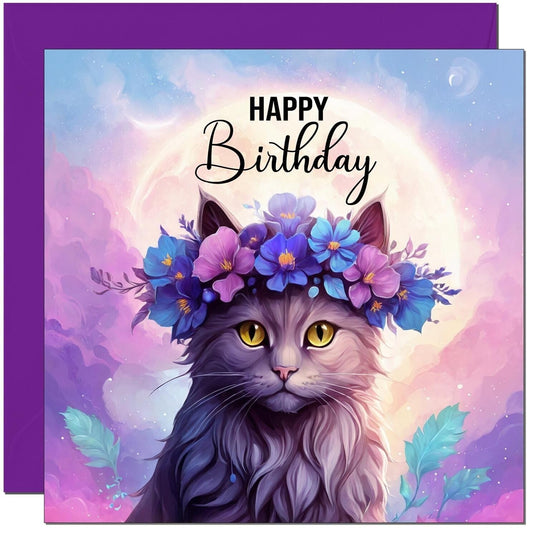 Cat Birthday Card - Beautiful Cat Birthday Card Floral Purple Moon 145 x 145mm