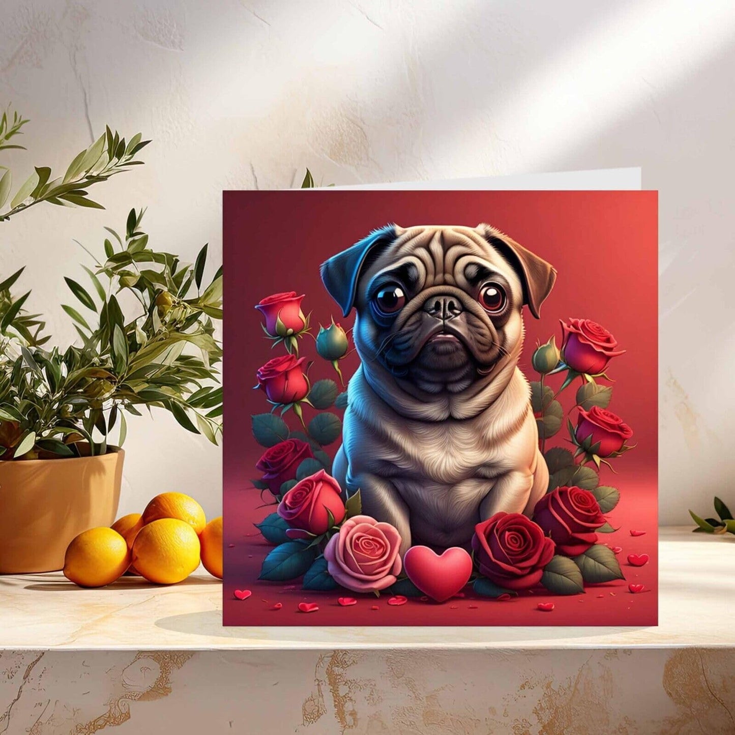 Pug Dog Love Heart Rose Greeting Card Valentines Cute 145mm x 145mm