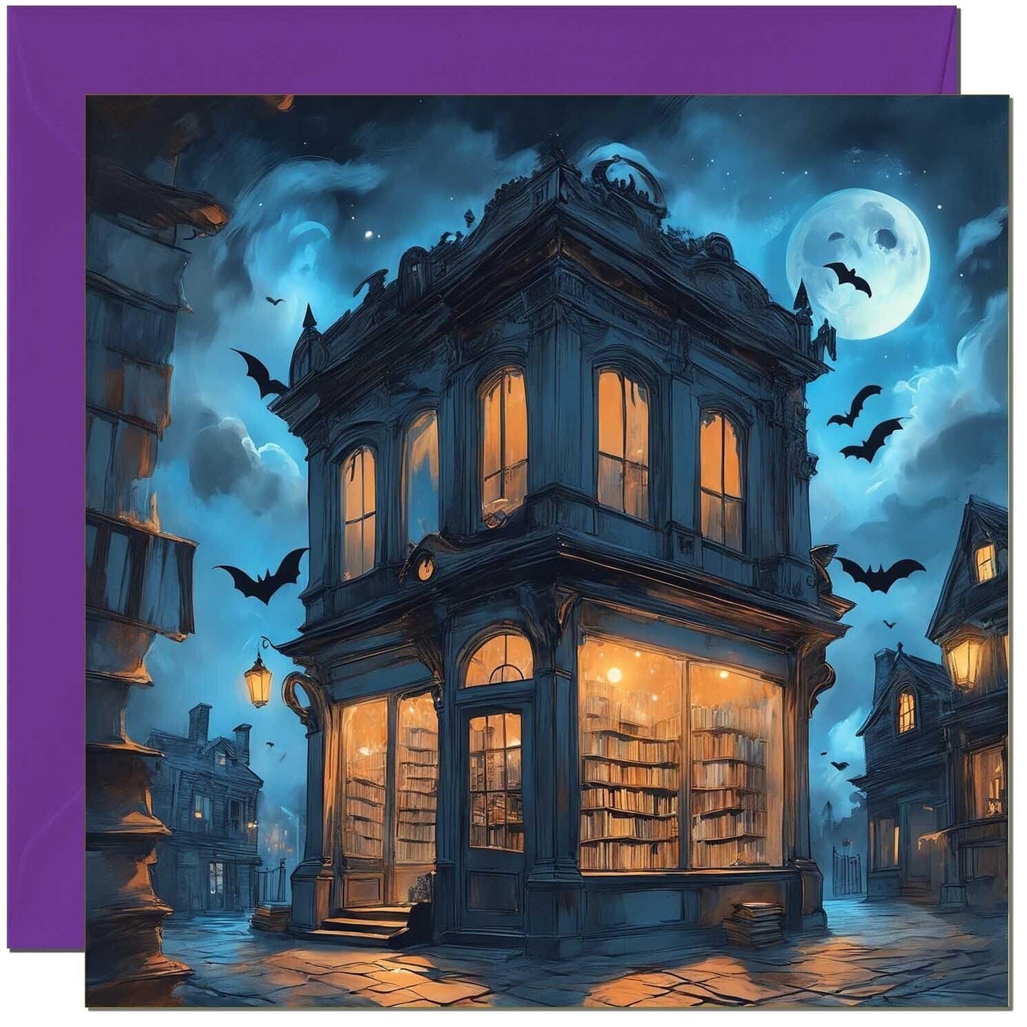 Halloween Card - Haunted Bookstore Spooky book shop 145 x 145mm