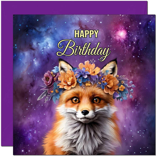 Fox Birthday Card - Beautiful Fox Floral Fantasy Birthday Card 145 x 145mm