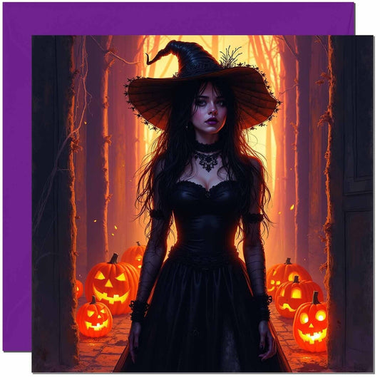 Dark Witch Greeting Card Gothic Pumpkins Halloween Card - 145 x 145mm