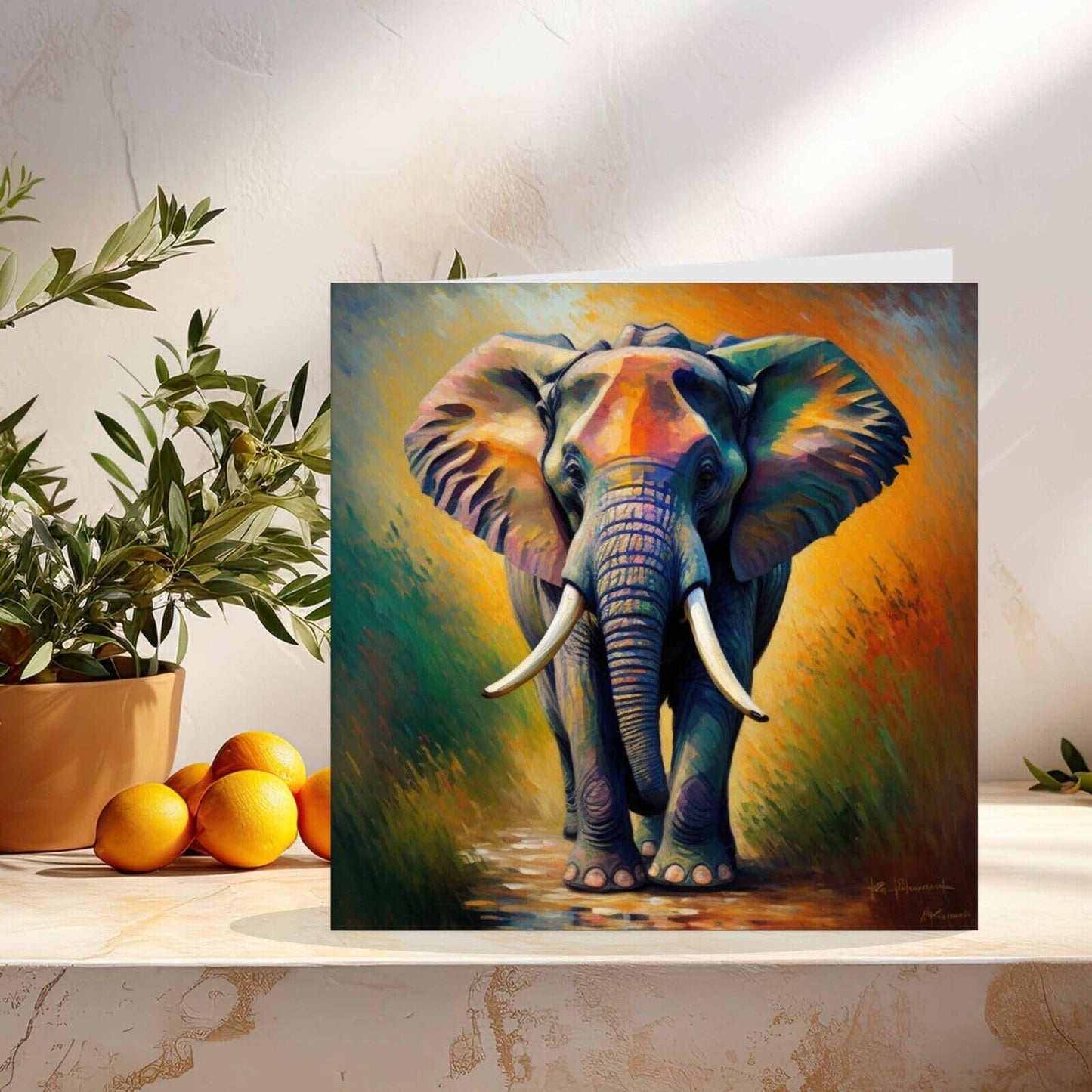 Elephant Greeting Card Impressionist Art 145mm x 145mm