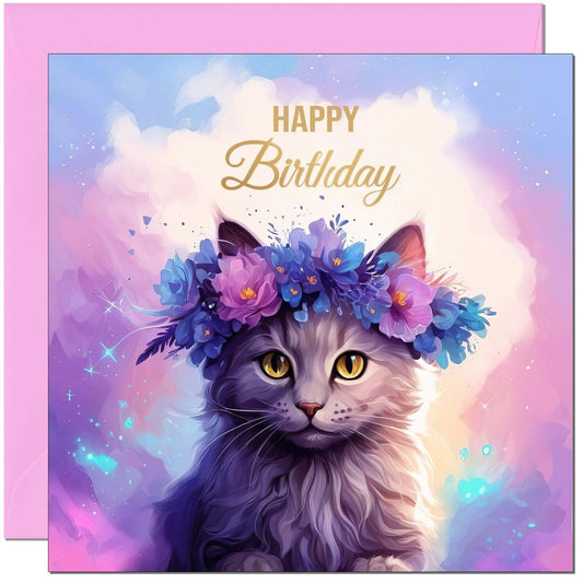 Beautiful Cat Birthday Card Floral Pink 145 x 145mm