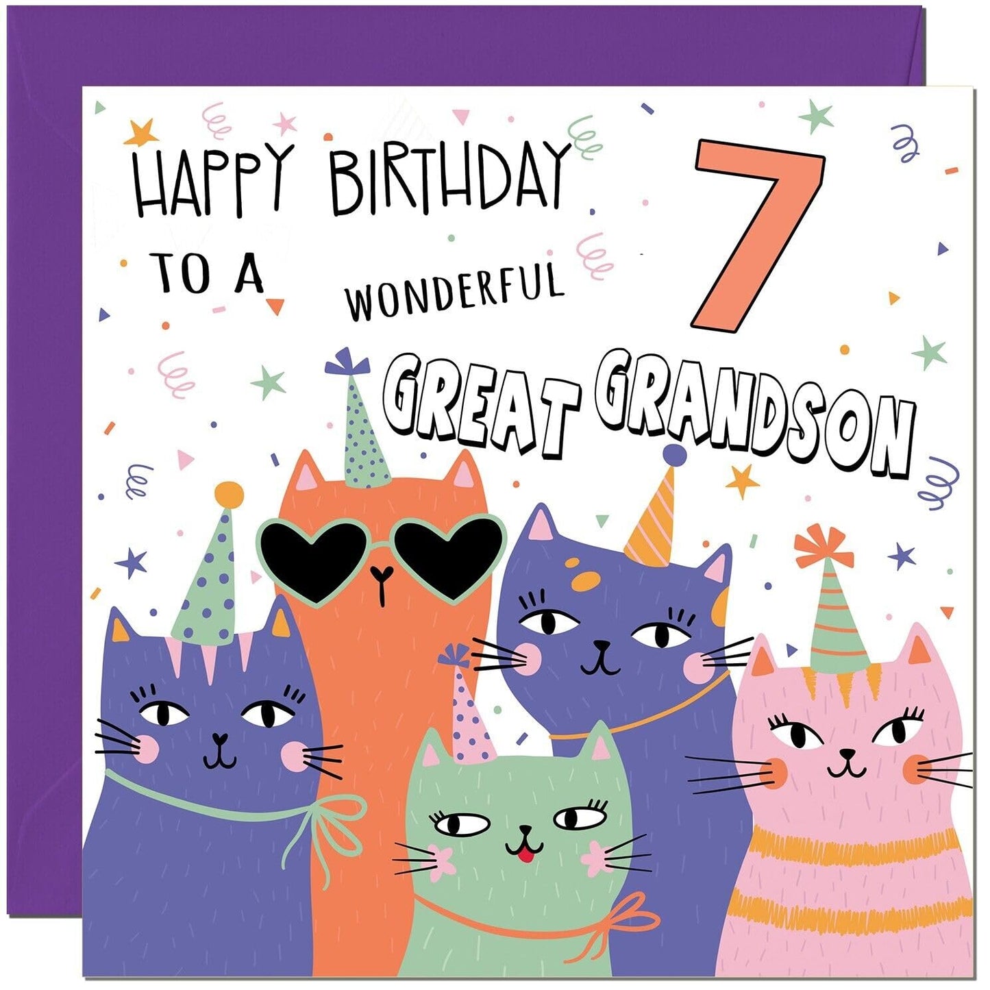 Great Grandson Birthday Card - Childrens Cute Cat Great-Grandson