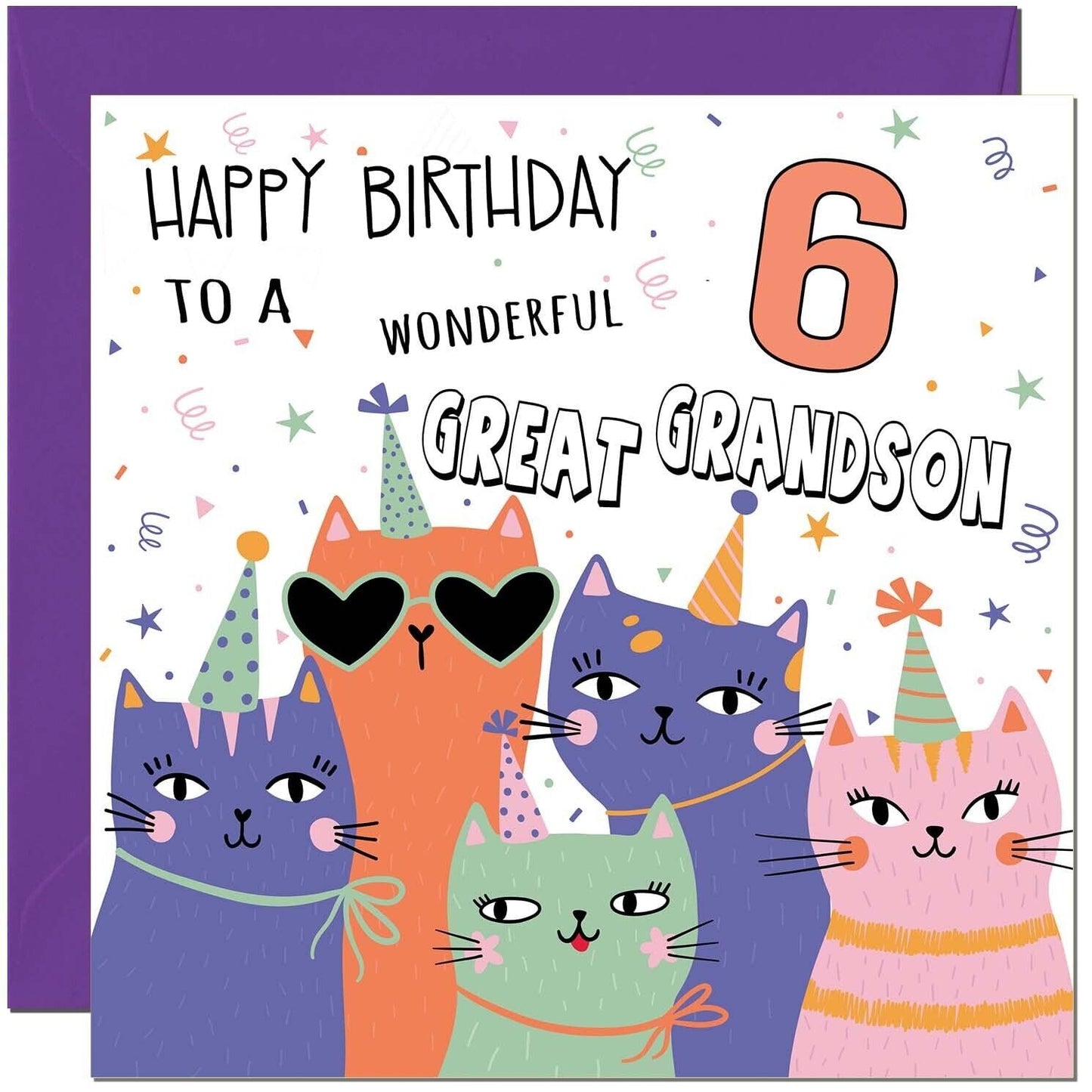 Great Grandson Birthday Card - Childrens Cute Cat Great-Grandson