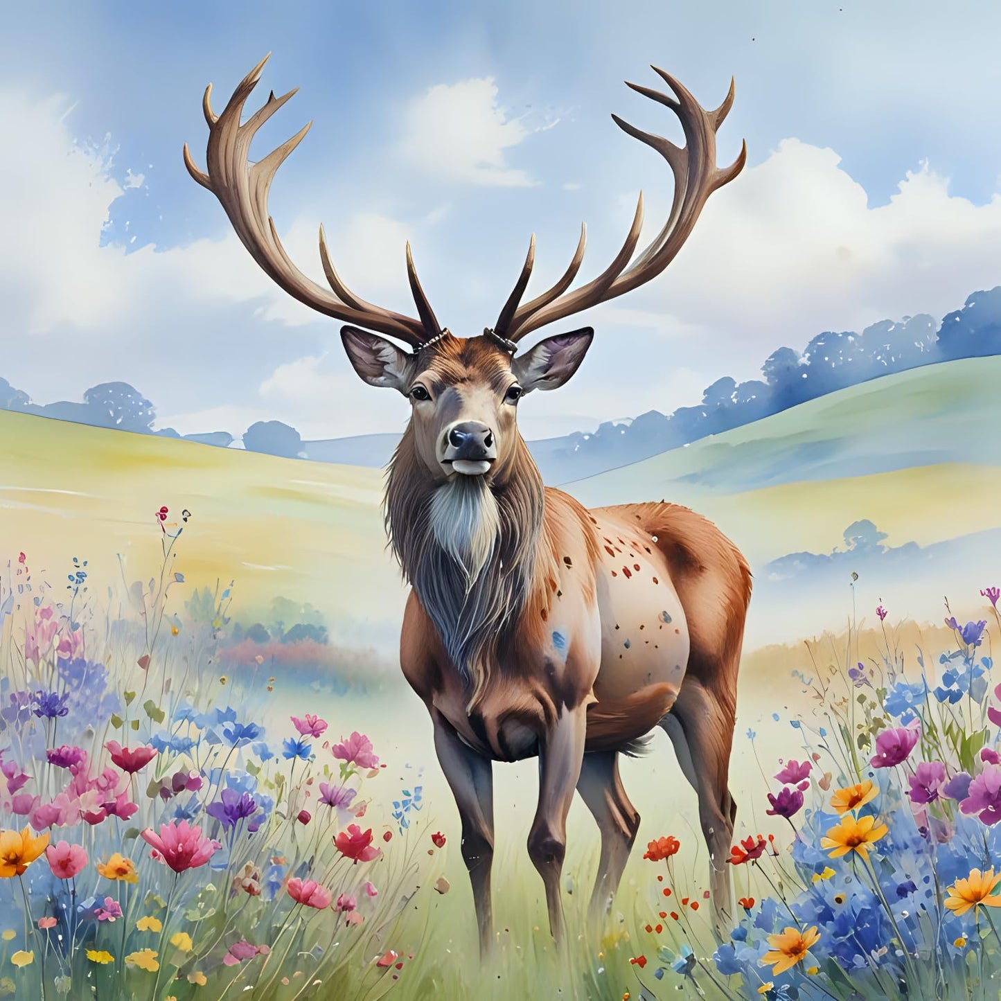 Stag Field Flowers Sky Greeting Card - Any Occasion 145 x 145mm