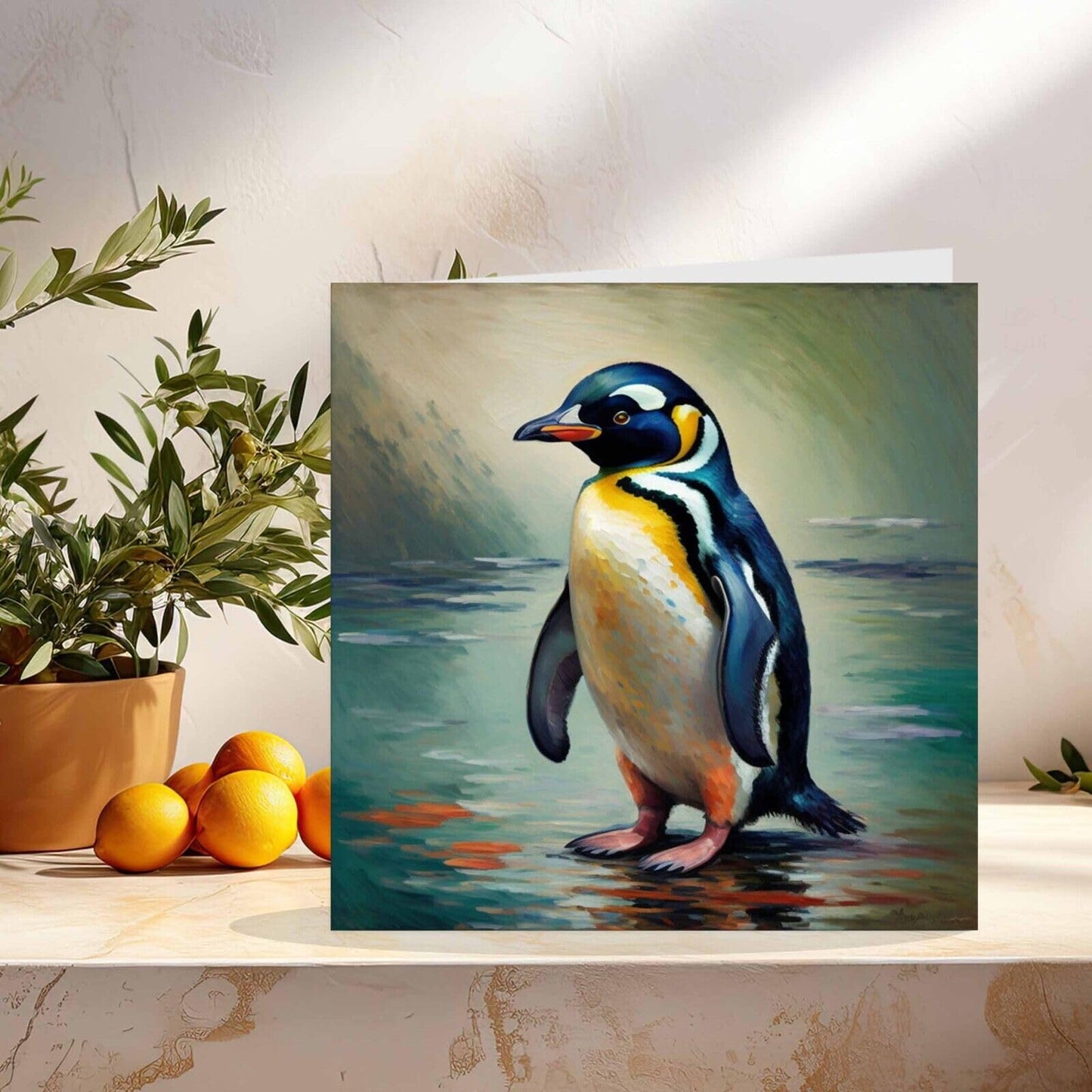 Penguin Greeting Card Impressionist Art 145mm x 145mm