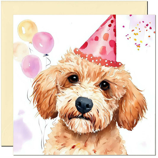 Cavapoo Birthday Card - Cute Dog Party Hat Happy Birthday Card 145mm x 145mm