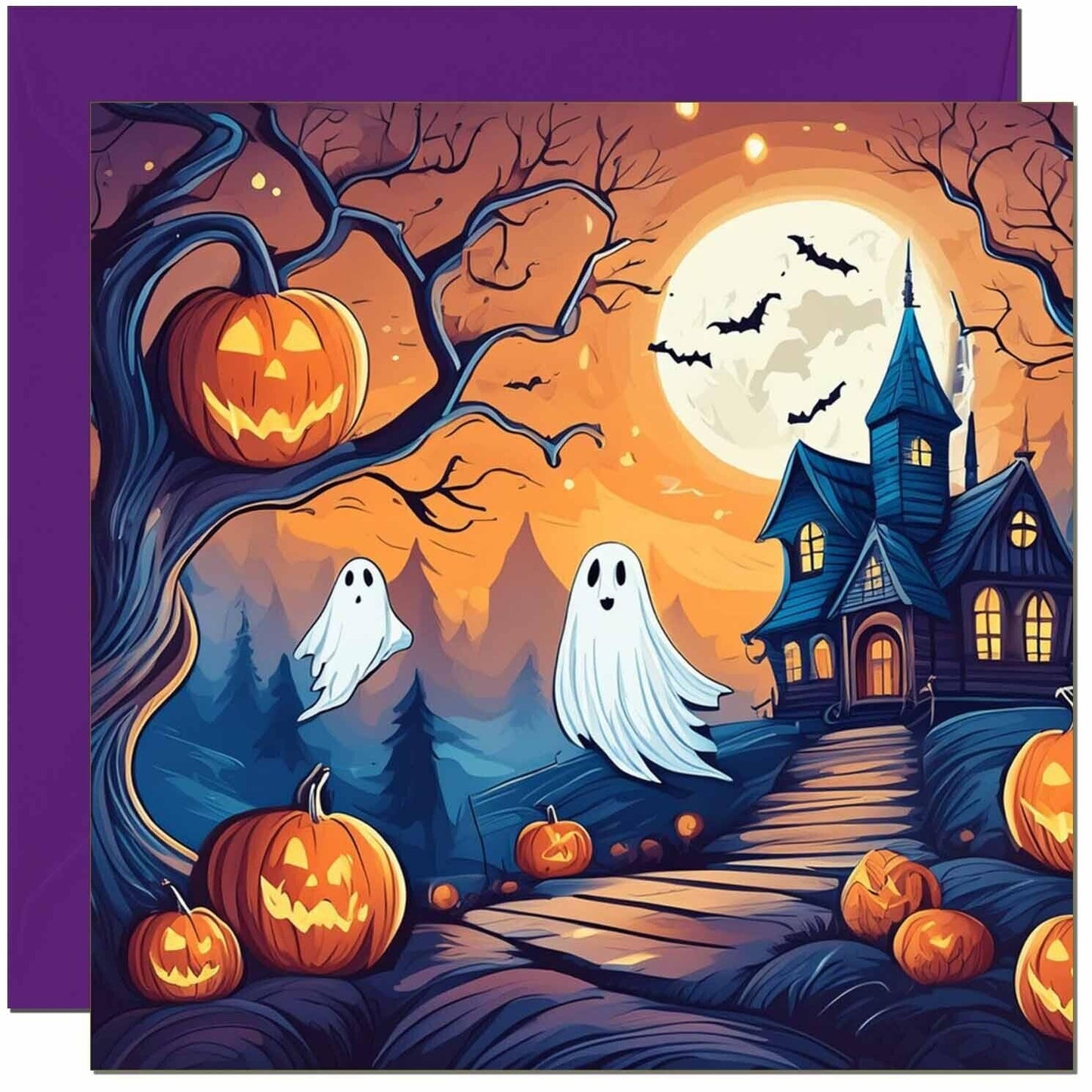 Halloween Card - Pumpkin Haunted House Happy Halloween Cards 145 x 145mm