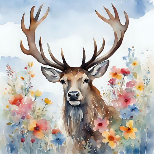 Watercolour Stag Flowers Sky Greeting Card - Any Occasion 145 x 145mm